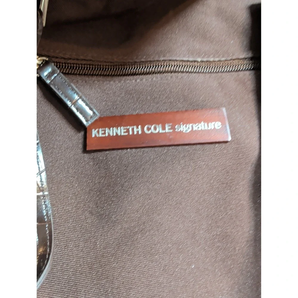 Kenneth Cole Signature Brown Canvas Duffel Bag Croc Embossed Trim Travel Weekend